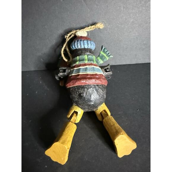 Vintage Carved Resin Penguin Ornament Articulated Faux Wood Whimsy Holiday Decor - Picture 3 of 4